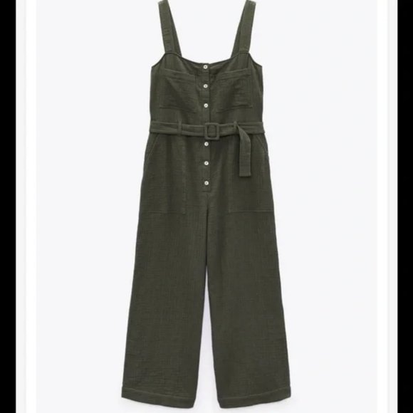 Zara Maya Jumpsuit Green Olive Linen NEW NWT - Picture 2 of 6